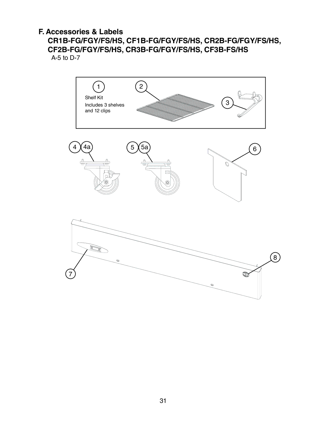 Hoshizaki CF1B-FG/FGY/FS/HS. CR2B-FG/FGY/FS/HS, CF3B-FS/HS, CR1B-FG/FGY/FS/HS manual Accessories & Labels 