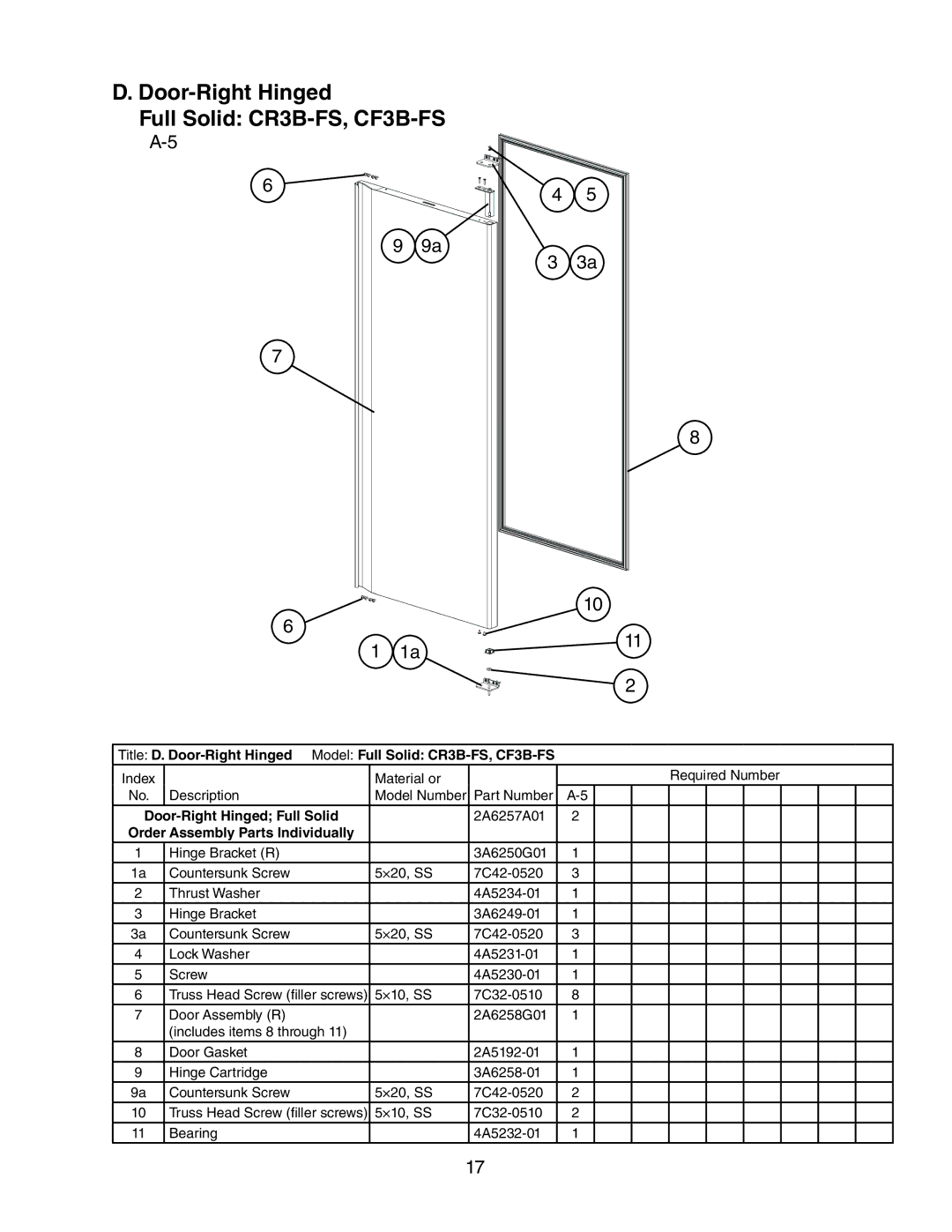 Hoshizaki CR3B-HS, CF3B-HS manual Door-Right Hinged Full Solid CR3B-FS, CF3B-FS 