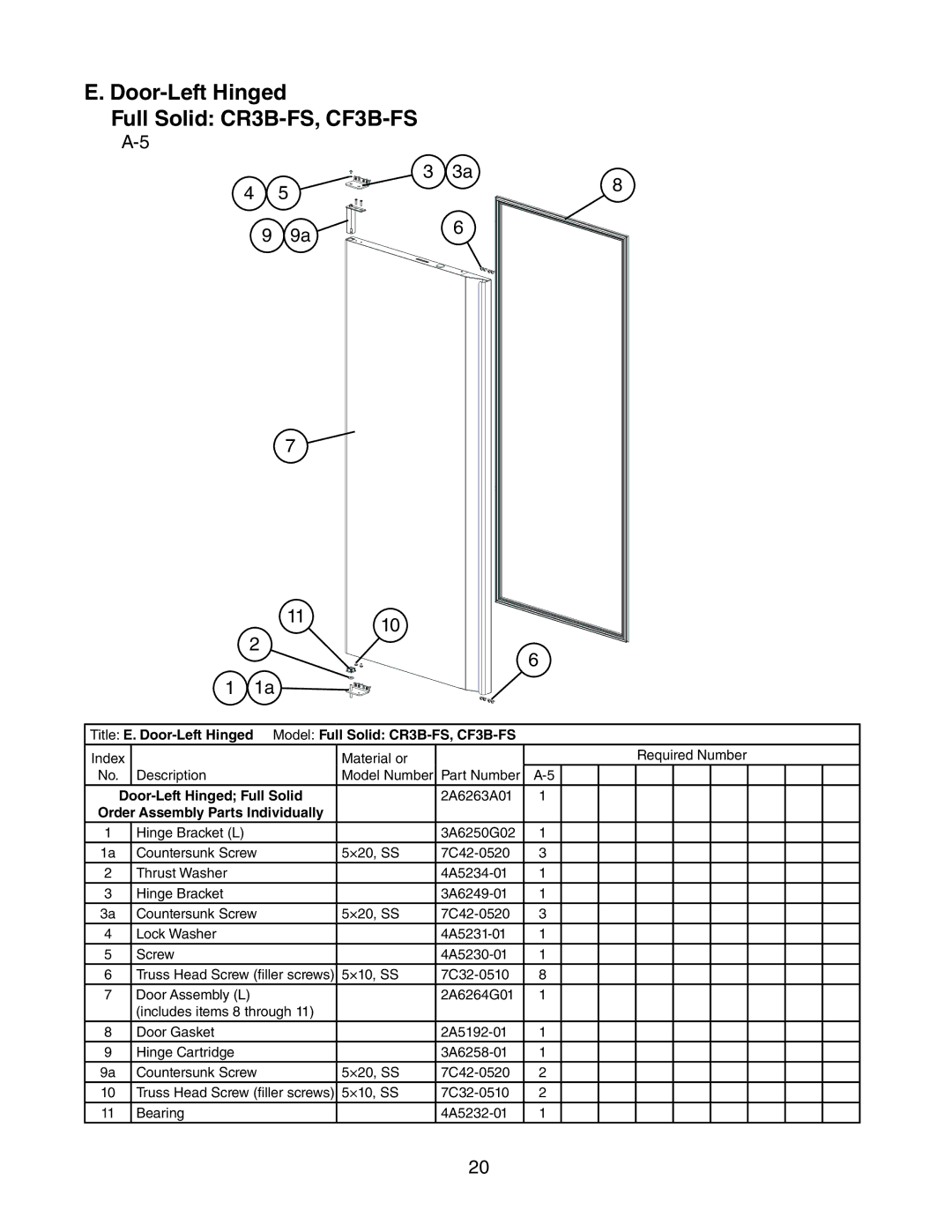 Hoshizaki CR3B-HS, CF3B-HS manual Door-Left Hinged Full Solid CR3B-FS, CF3B-FS 