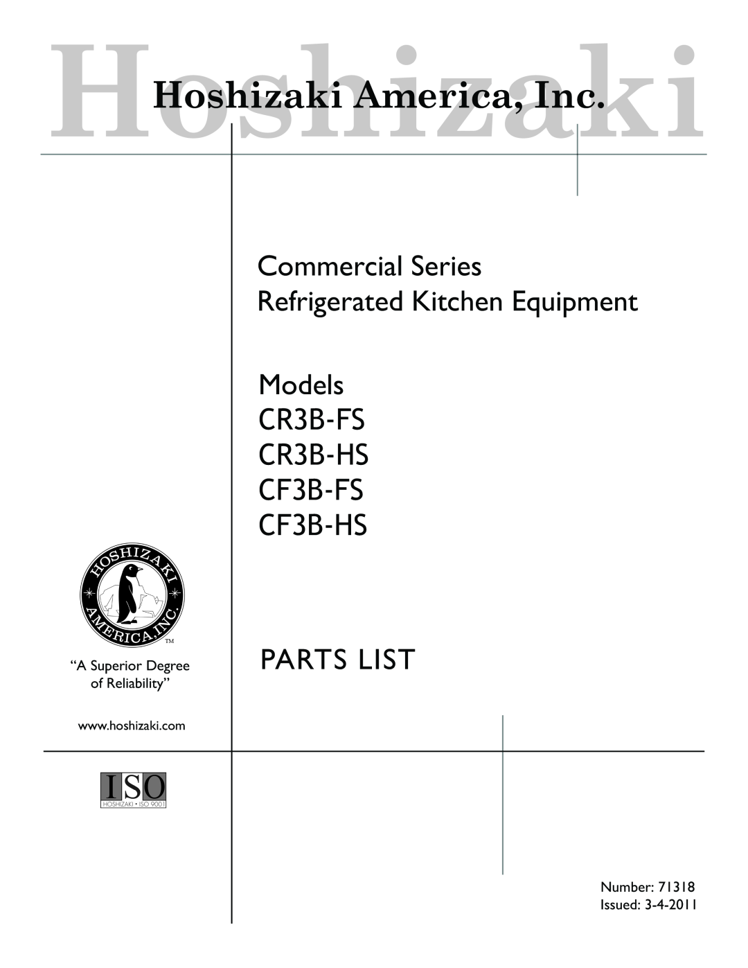 Hoshizaki manual Commercial Series Refrigerated Kitchen Equipment, Models, CR3B-FS CR3B-HS CF3B-FS CF3B-HS, Parts List 