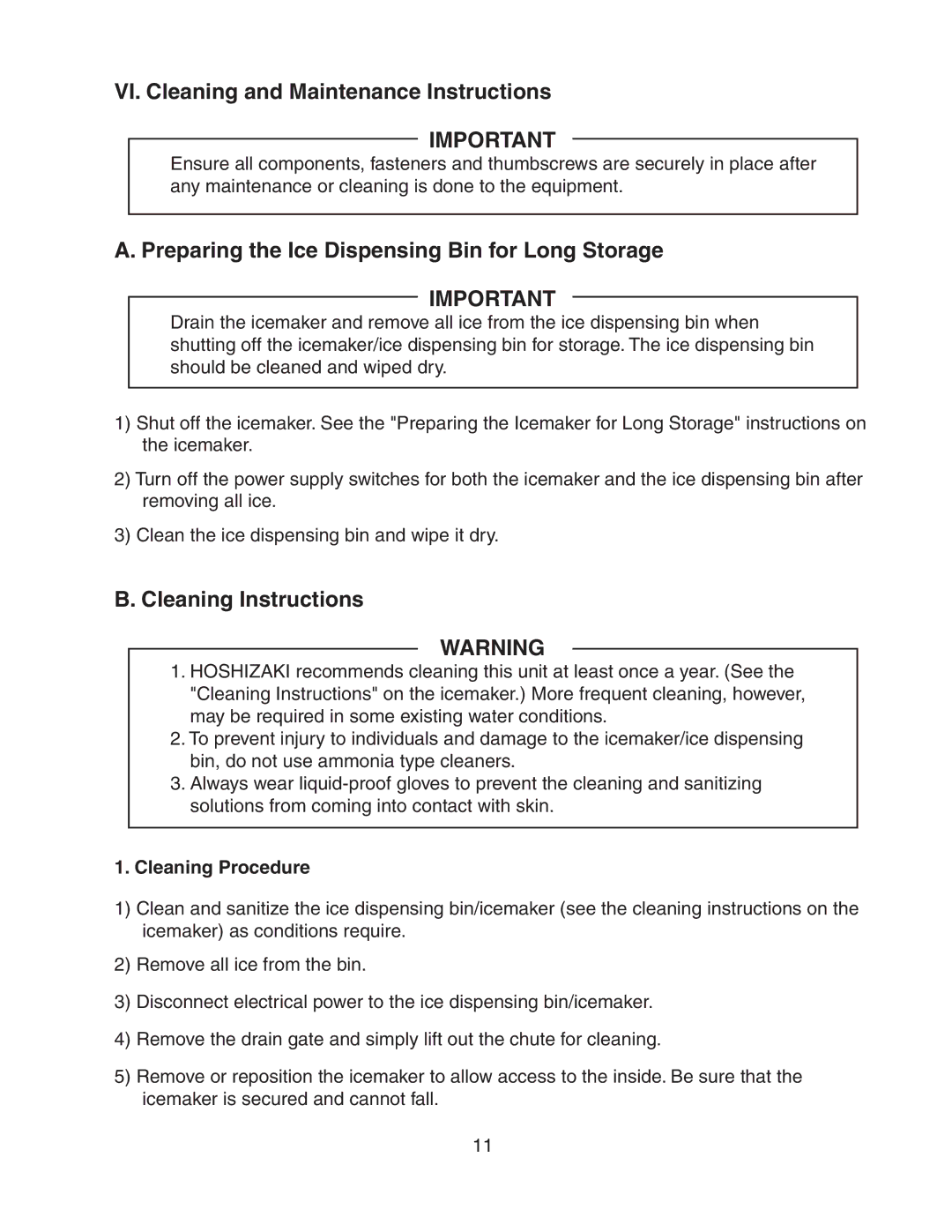 Hoshizaki DB-130H VI. Cleaning and Maintenance Instructions, Preparing the Ice Dispensing Bin for Long Storage 