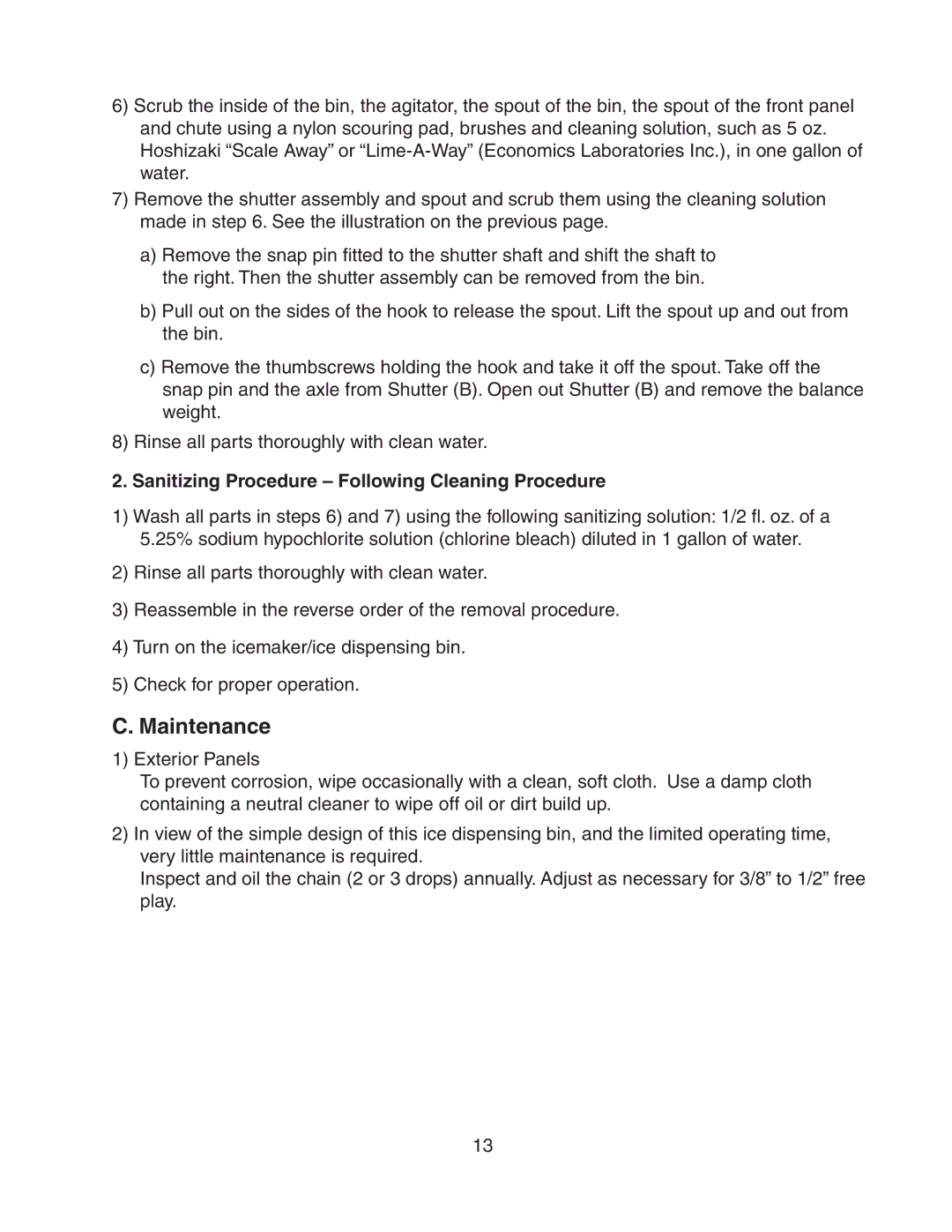 Hoshizaki DB-130H service manual Maintenance, Sanitizing Procedure Following Cleaning Procedure 