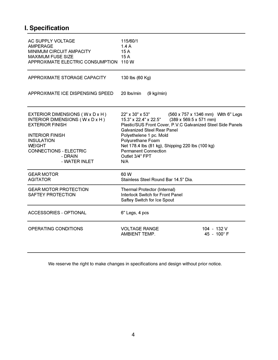 Hoshizaki DB-130H service manual Specification, Approximate ICE Dispensing Speed 