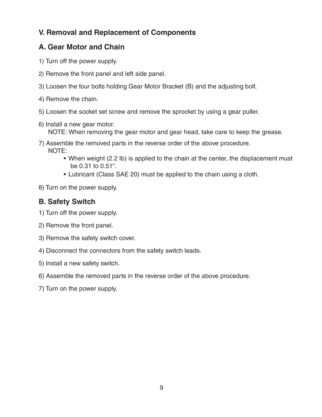 Hoshizaki DB-130H service manual Removal and Replacement of Components Gear Motor and Chain, Safety Switch 