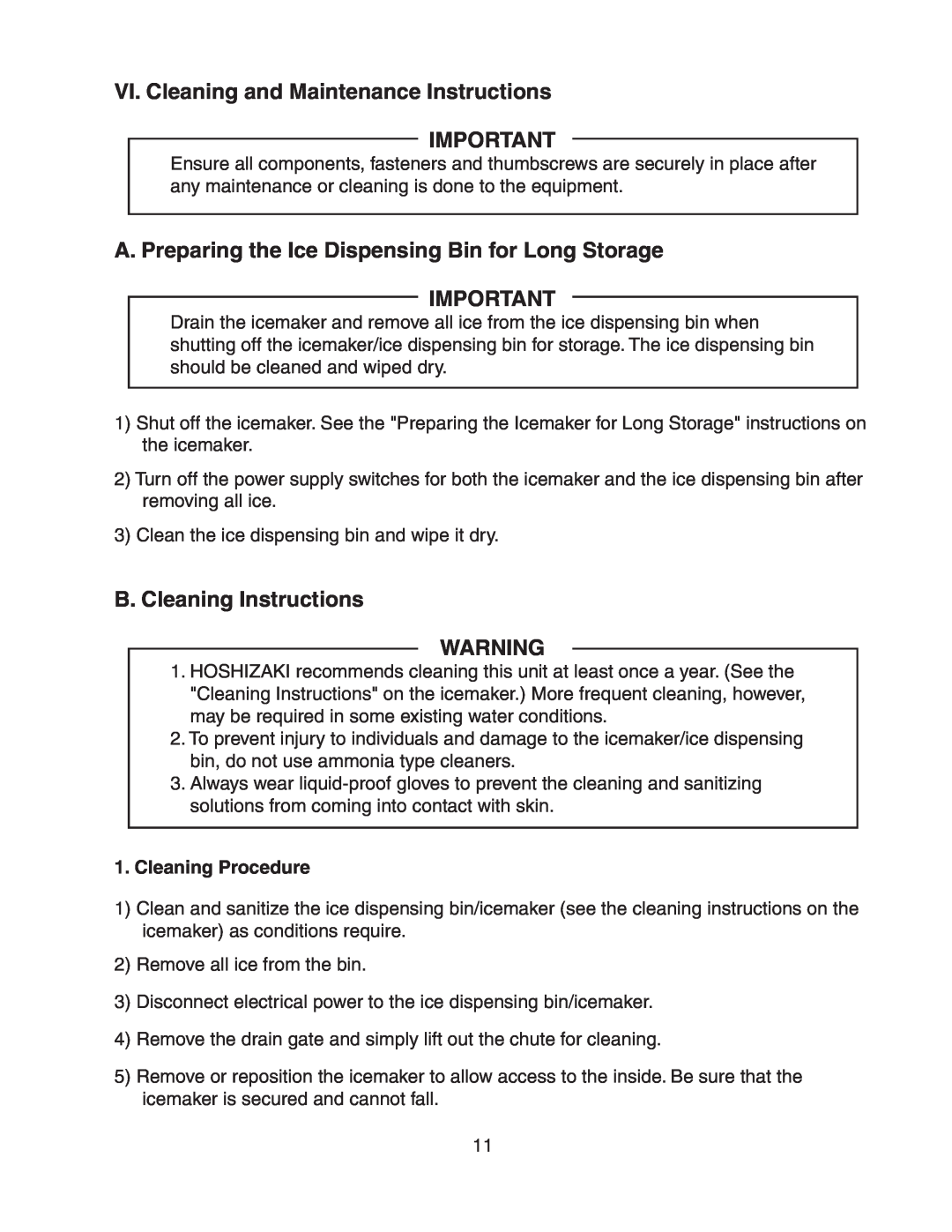 Hoshizaki DB-130H service manual VI. Cleaning and Maintenance Instructions, B. Cleaning Instructions, Cleaning Procedure 