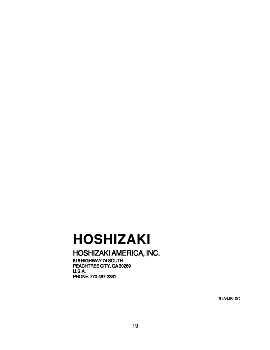 Hoshizaki DB-200H instruction manual Hoshizaki America, Inc, Phone, 91A4JB10C 