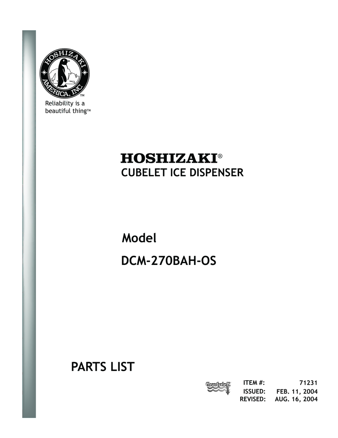 Hoshizaki manual DCM-270BAH-OS Parts List 