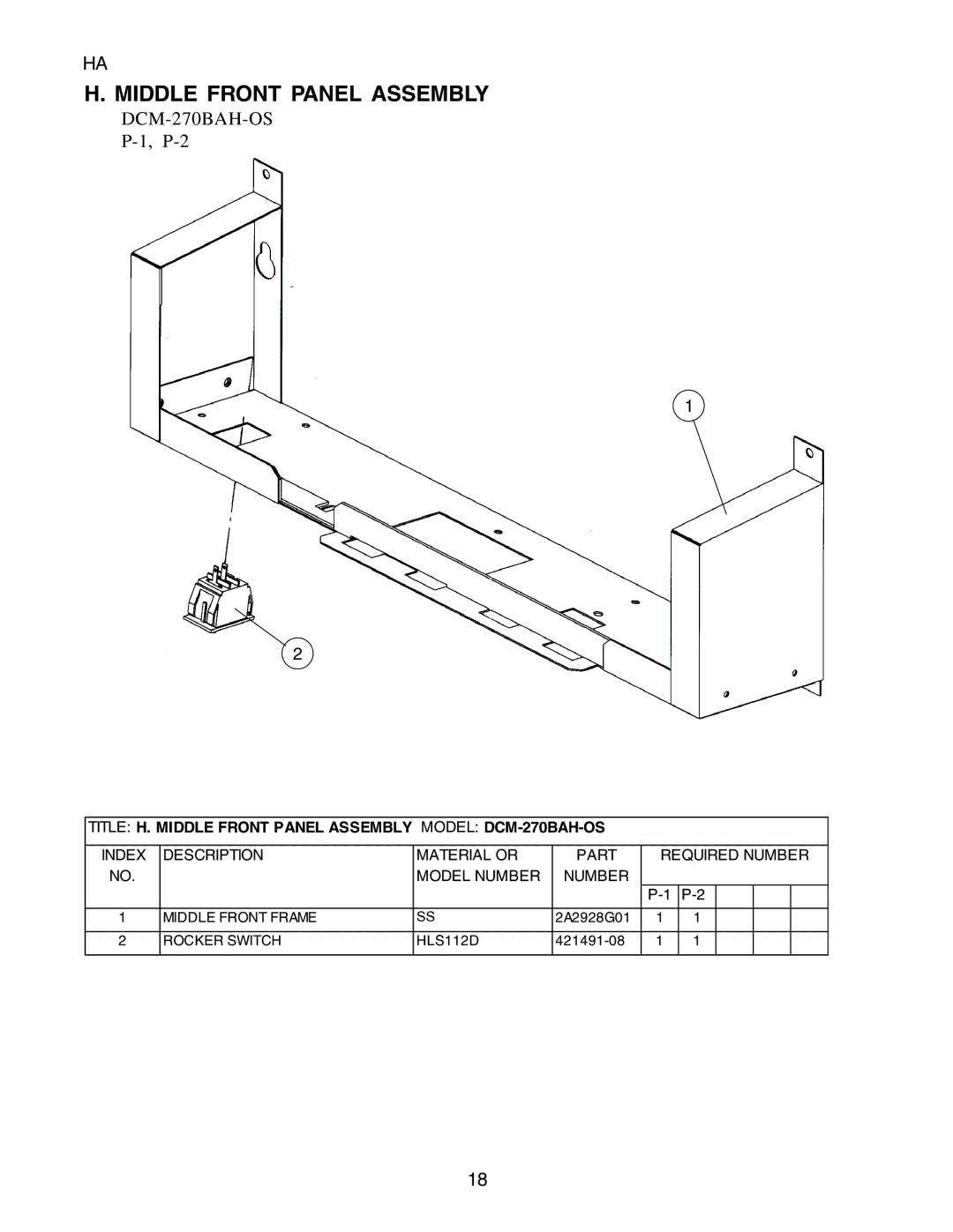 Hoshizaki manual Title H. Middle Front Panel Assembly Model DCM-270BAH-OS 