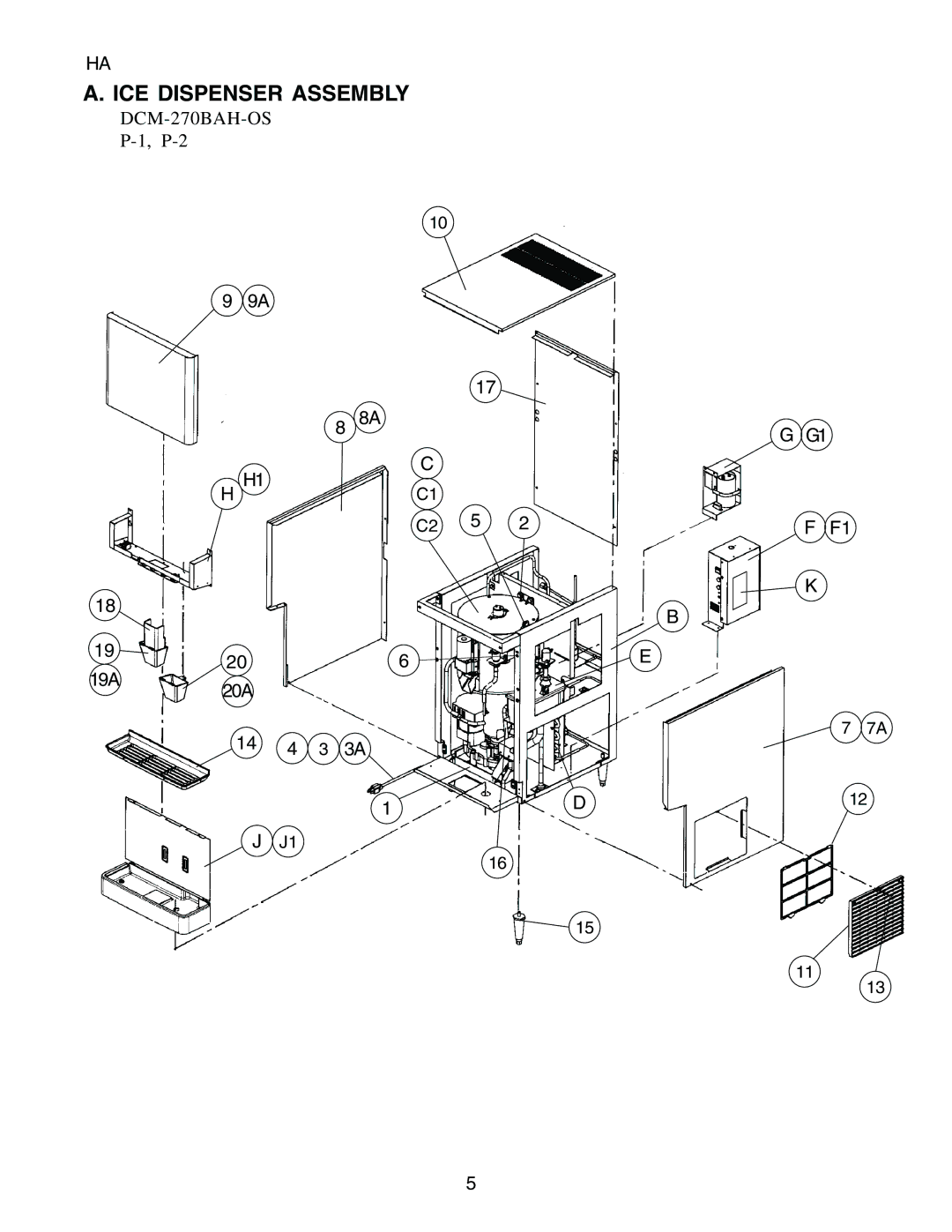 Hoshizaki DCM-270BAH-OS manual ICE Dispenser Assembly, 20A 14 4 3 3A 