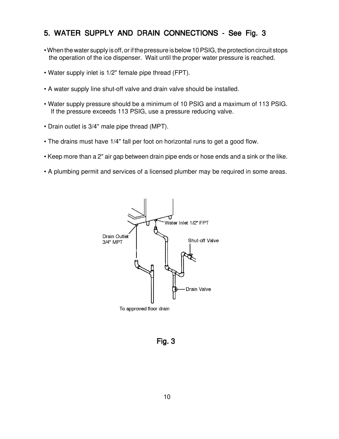 Hoshizaki DCM-270BAH-OS instruction manual Water Supply and Drain Connections See Fig 