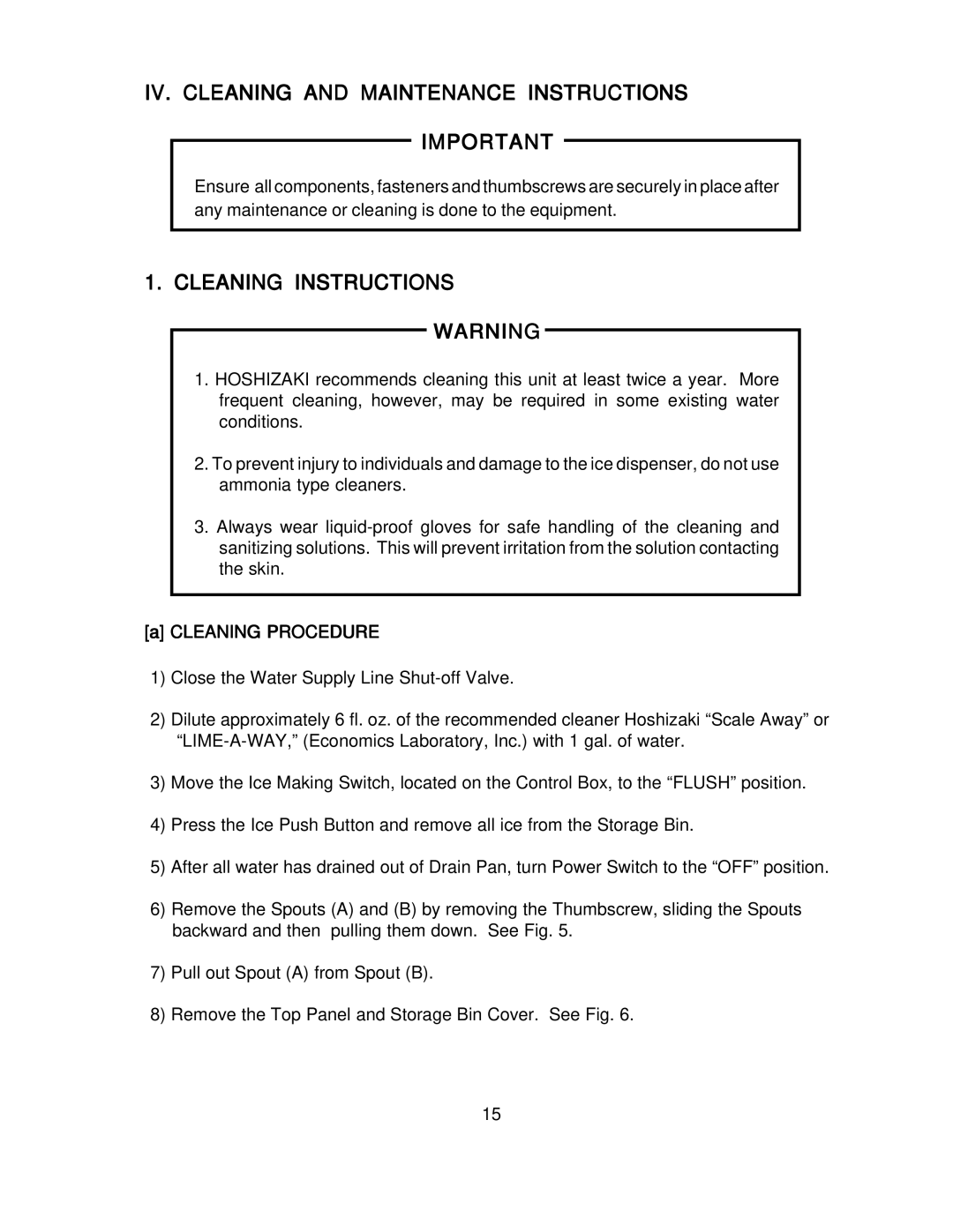 Hoshizaki DCM-270BAH-OS instruction manual IV. Cleaning and Maintenance Instructions, Cleaning Instructions Warning 