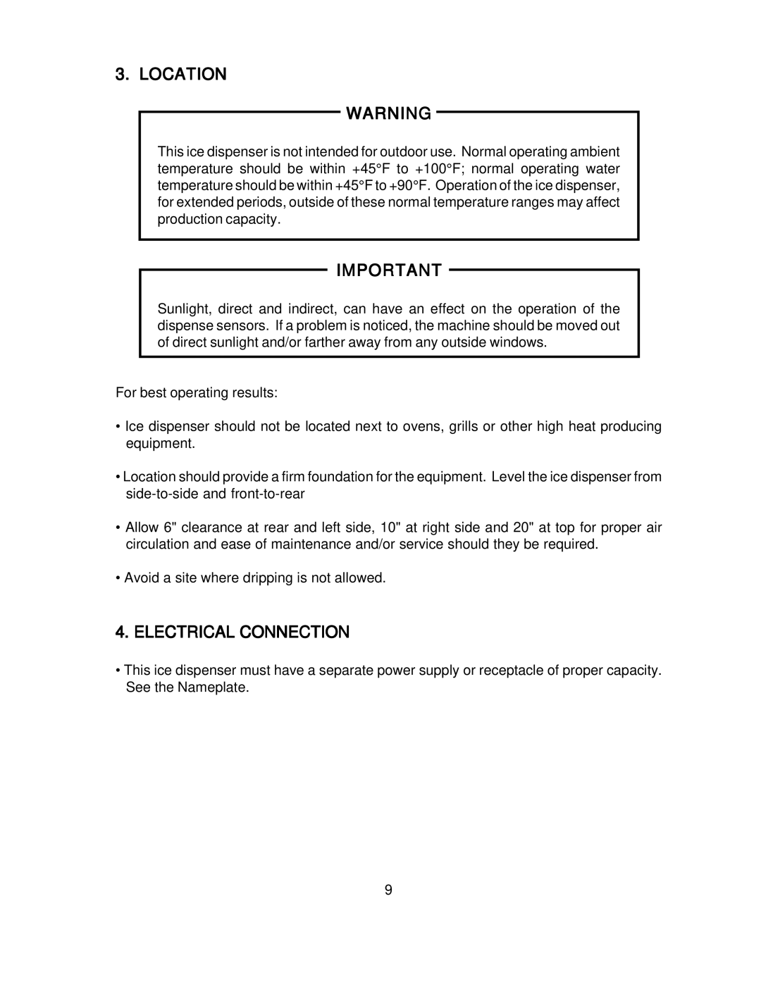 Hoshizaki DCM-270BAH-OS instruction manual Location, Electrical Connection 