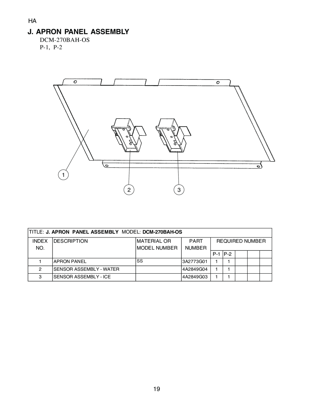 Hoshizaki manual J. Apron Panel Assembly, TITLE J. APRON PANEL ASSEMBLY MODEL DCM-270BAH-OS, DCM-270BAH-OS P-1, P-2 