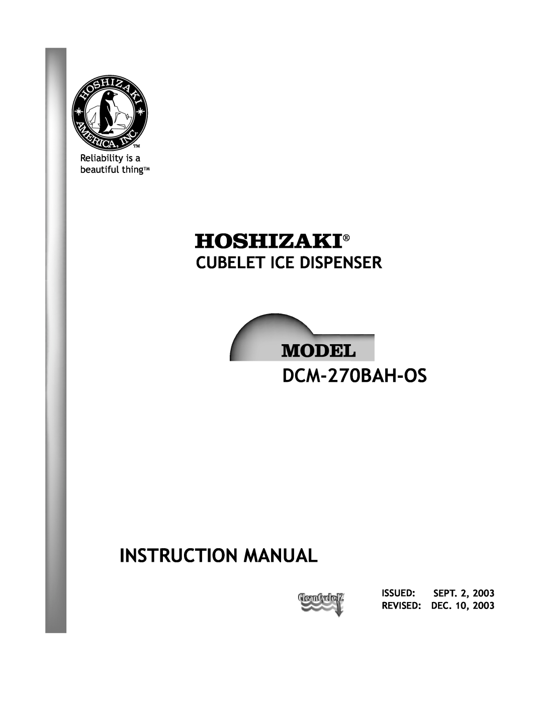 Hoshizaki manual Model DCM-270BAH-OS PARTS LIST, Cubelet Ice Dispenser, Reliability is a beautiful thingTM, Item # 