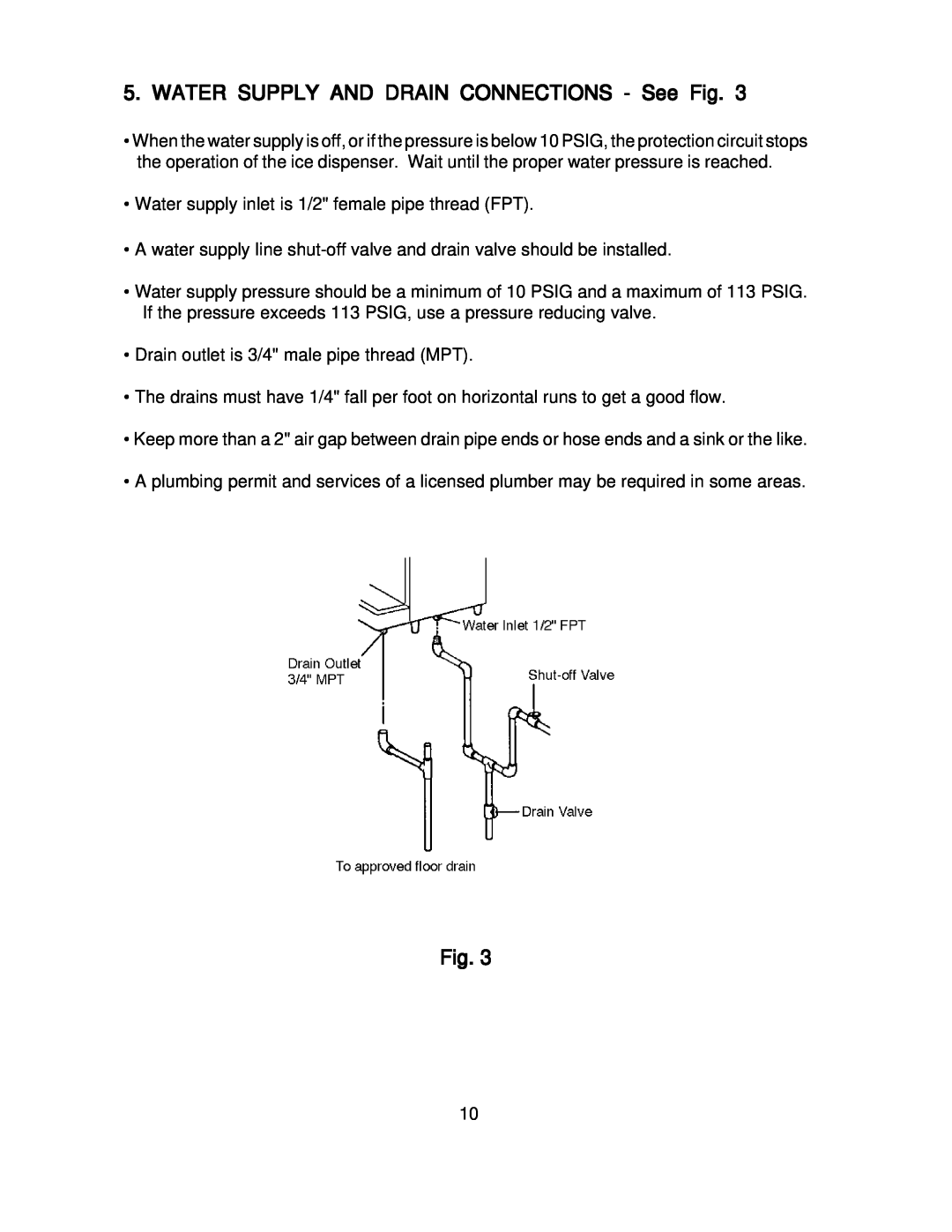 Hoshizaki DCM-270BAH-OS instruction manual WATER SUPPLY AND DRAIN CONNECTIONS - See Fig 