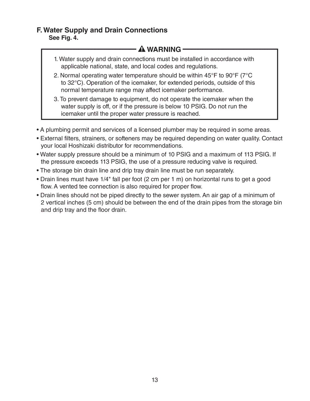 Hoshizaki DCM-300BAH(-OS) instruction manual Water Supply and Drain Connections, See Fig 