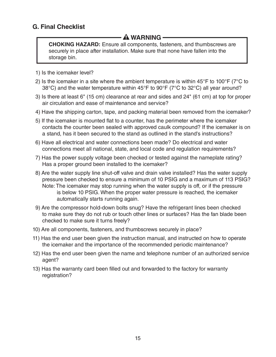 Hoshizaki DCM-300BAH(-OS) instruction manual Final Checklist 