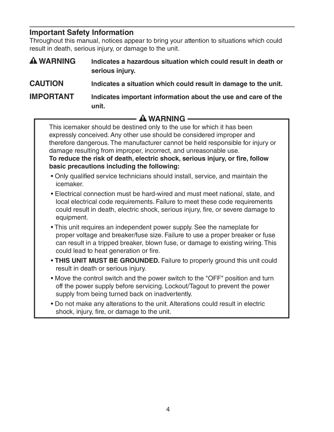 Hoshizaki DCM-300BAH(-OS) instruction manual Important Safety Information, Unit 