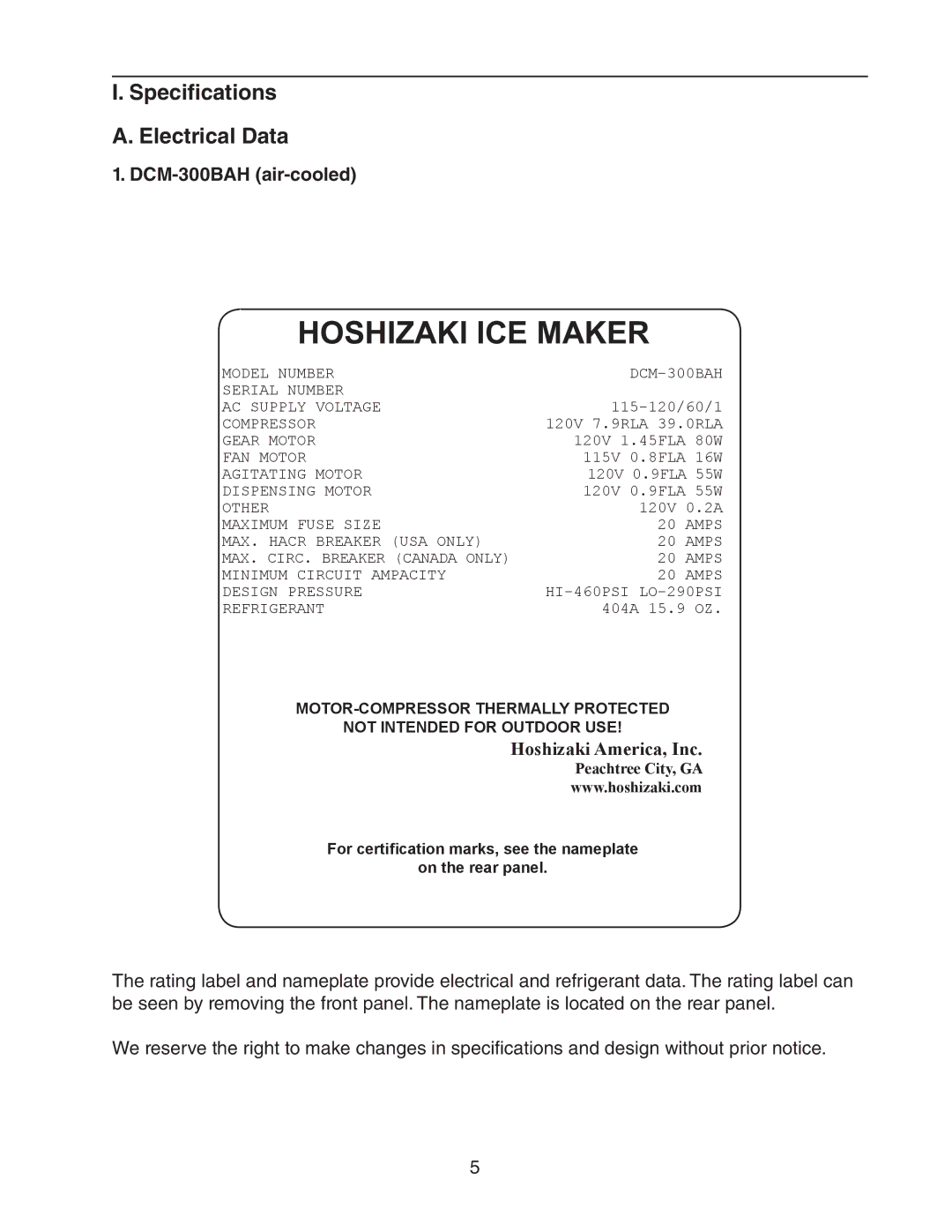 Hoshizaki DCM-300BAH(-OS) instruction manual Hoshizaki ICE Maker, Specifications Electrical Data 