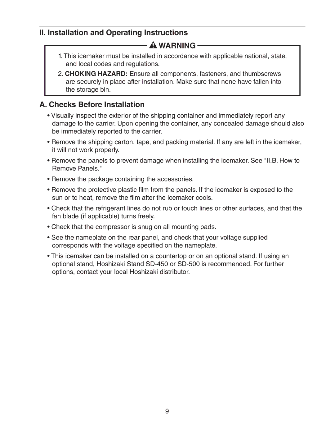 Hoshizaki DCM-300BAH(-OS) instruction manual II. Installation and Operating Instructions, Checks Before Installation 