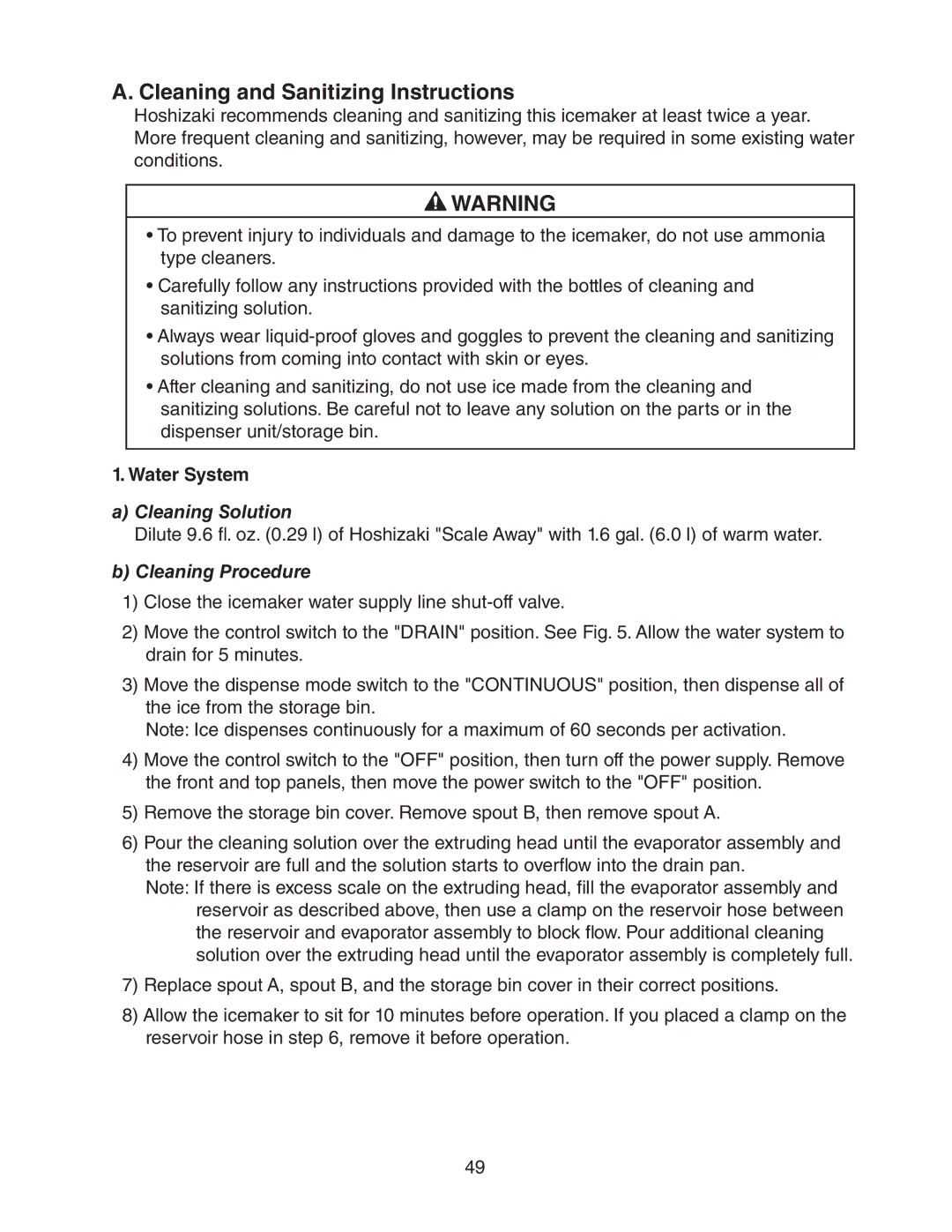 Hoshizaki DCM 300BAH(-OS) service manual Cleaning and Sanitizing Instructions, Water System 