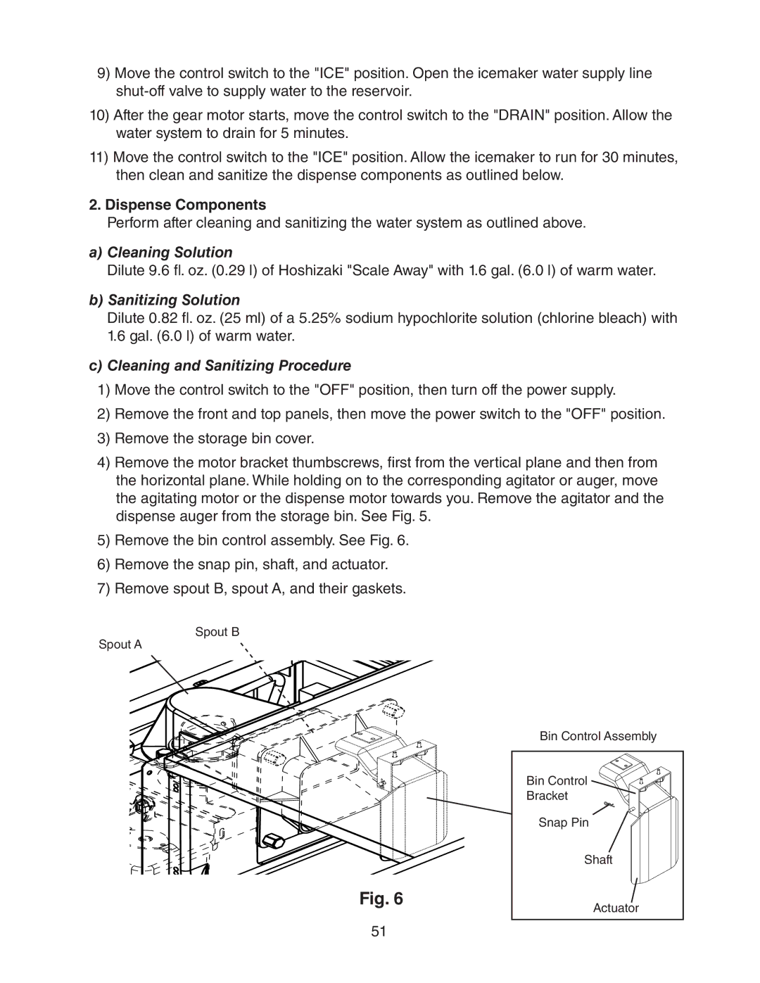 Hoshizaki DCM 300BAH(-OS) service manual Dispense Components, Cleaning and Sanitizing Procedure 