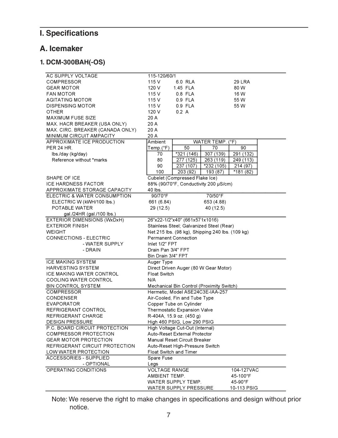 Hoshizaki DCM 300BAH(-OS) service manual Specifications Icemaker, DCM-300BAH-OS 