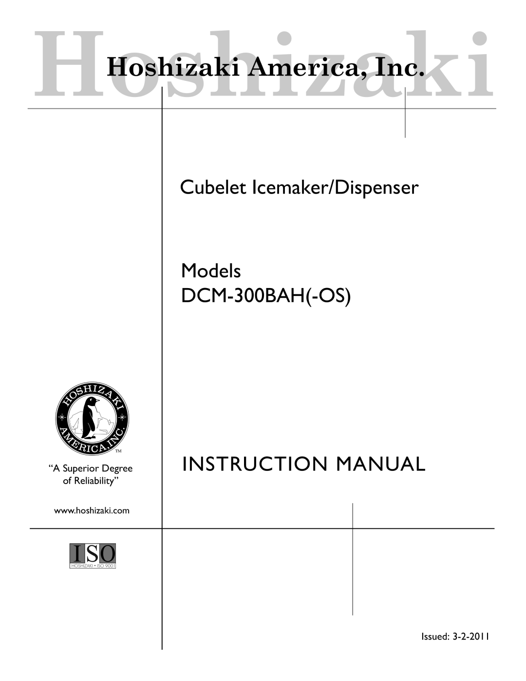 Hoshizaki DCM-300BAH(-OS) instruction manual Cubelet Icemaker/Dispenser Models DCM-300BAH-OS 