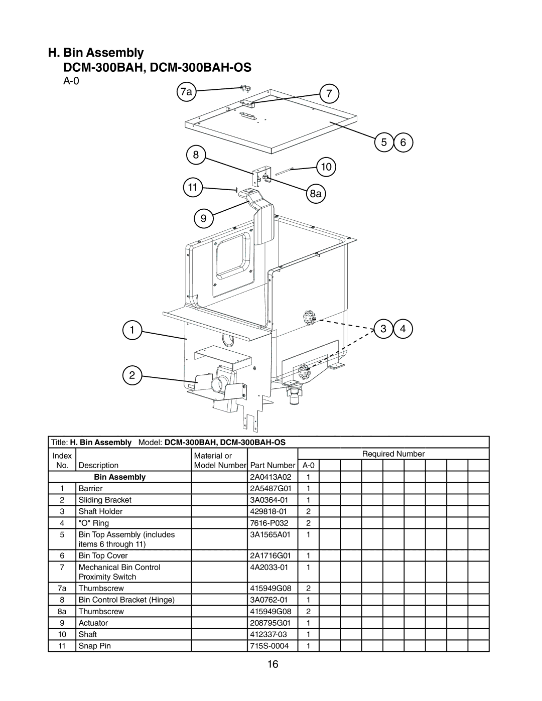 Hoshizaki manual Title H. Bin Assembly Model DCM-300BAH, DCM-300BAH-OS 