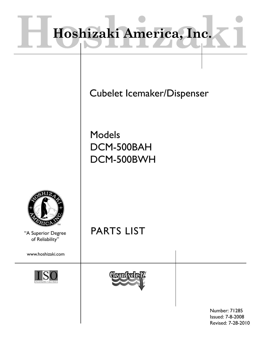 Hoshizaki manual DCM-500BAH DCM-500BWH 