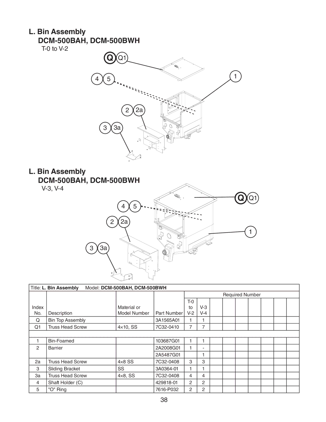 Hoshizaki manual Q1 4, Title L. Bin Assembly Model DCM-500BAH, DCM-500BWH 