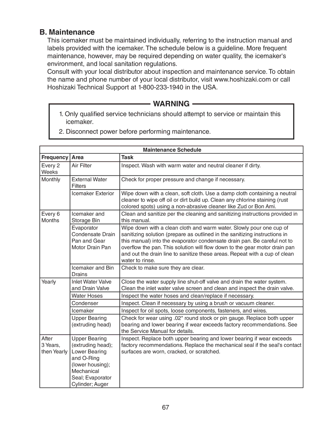 Hoshizaki DCM-500BAH-OS, DCM-500BWH-OS service manual Maintenance, Frequency Area Task 