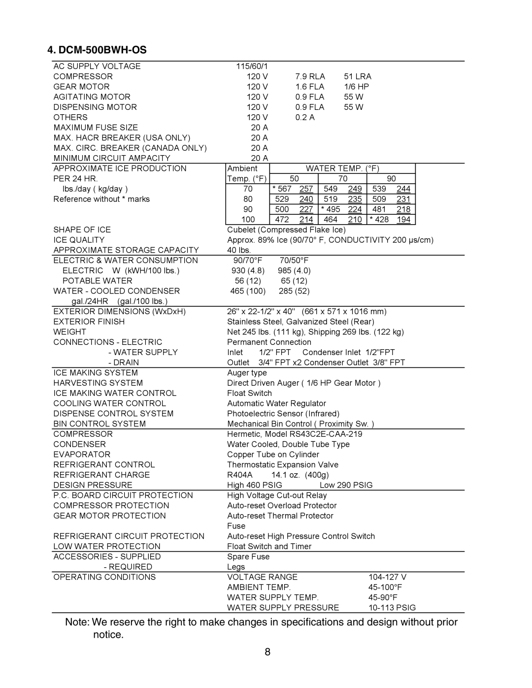 Hoshizaki DCM-500BAH-OS service manual DCM-500BWH-OS, Potable Water Water Cooled Condenser 