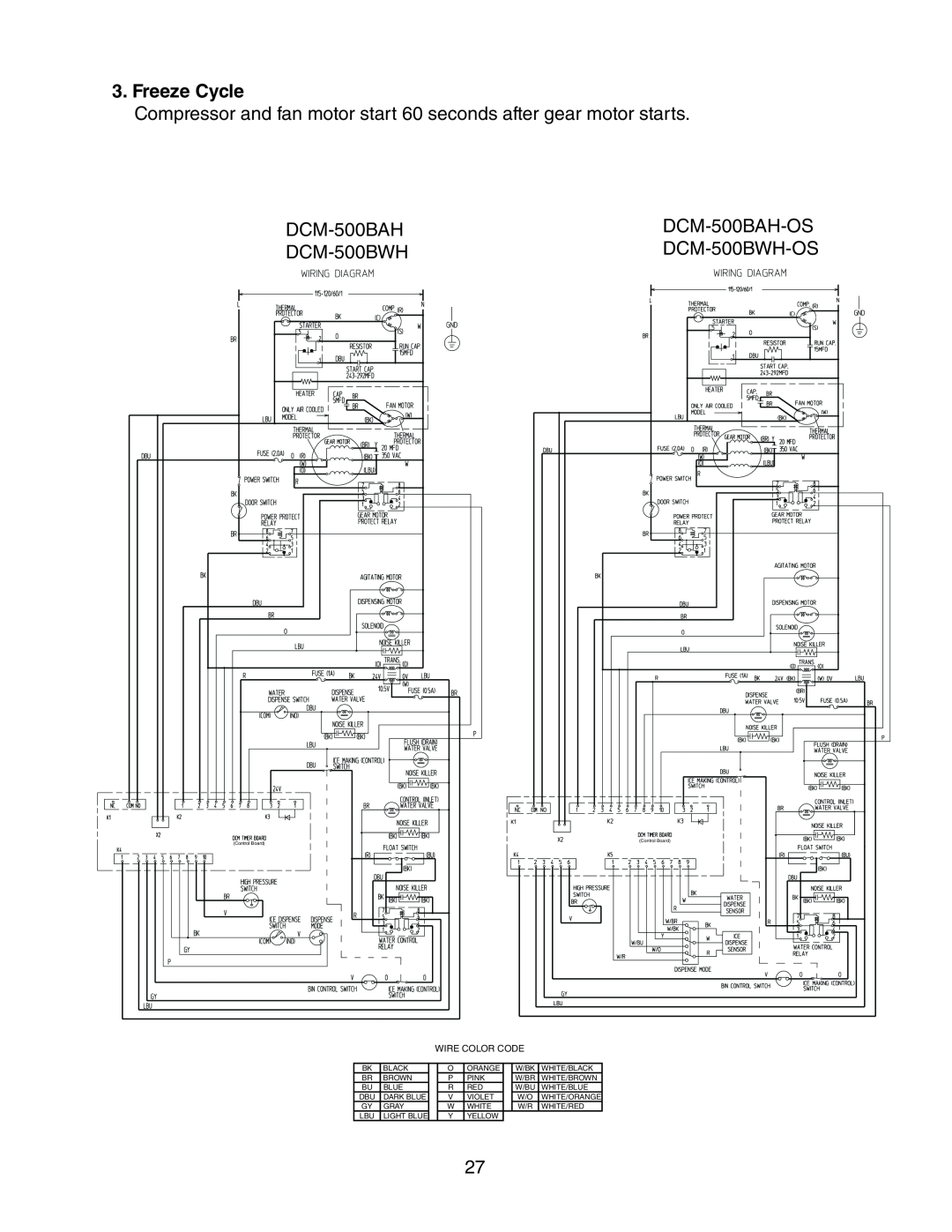 Hoshizaki service manual Freeze Cycle, DCM-500BAH-OS, DCM-500BWH-OS, Wire Color Code 
