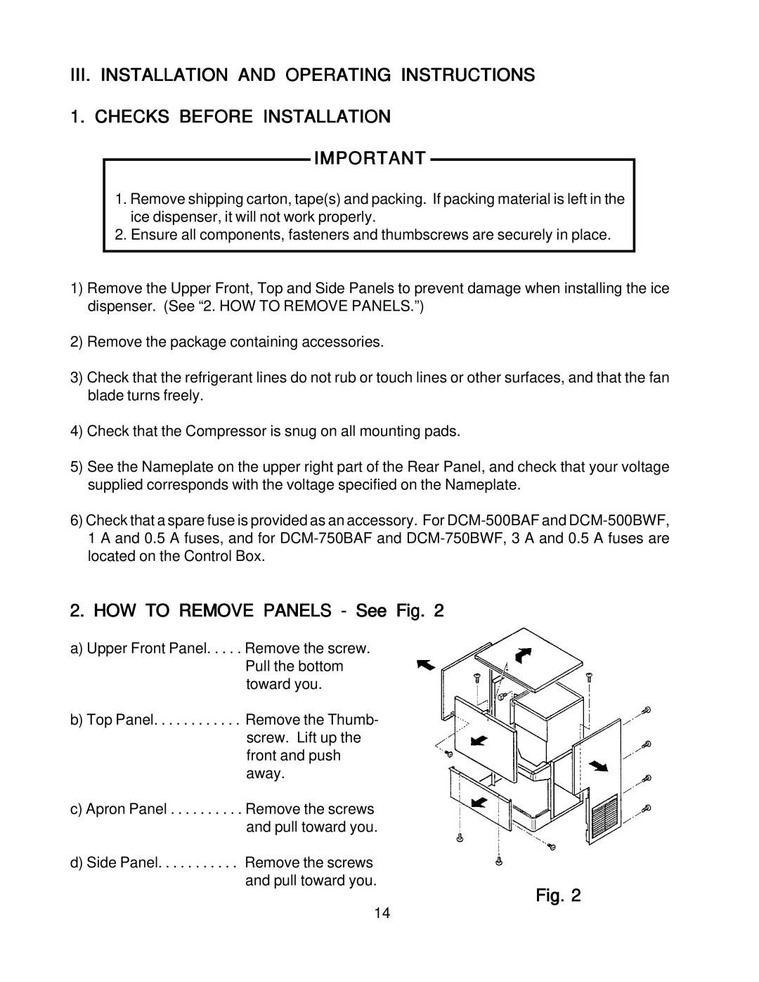 Hoshizaki DMC-750BWF, DCM-500BWF, DMB-750BAF, DCM_500BAF instruction manual HOW to Remove Panels See Fig 