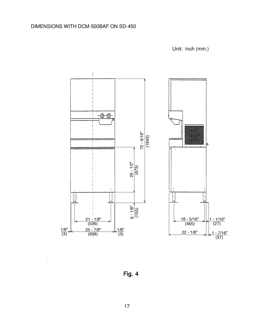 Hoshizaki DMB-750BAF, DCM-500BWF, DMC-750BWF, DCM_500BAF instruction manual Dimensions with DCM-500BAF on SD-450 