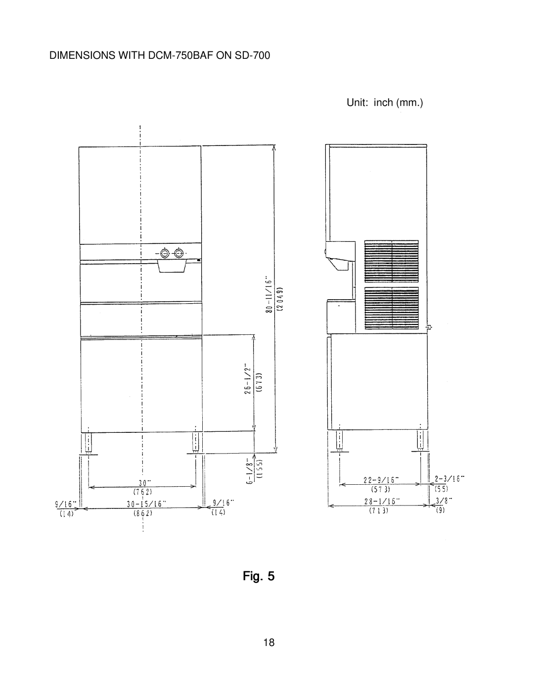 Hoshizaki DMC-750BWF, DCM-500BWF, DMB-750BAF, DCM_500BAF instruction manual Dimensions with DCM-750BAF on SD-700 