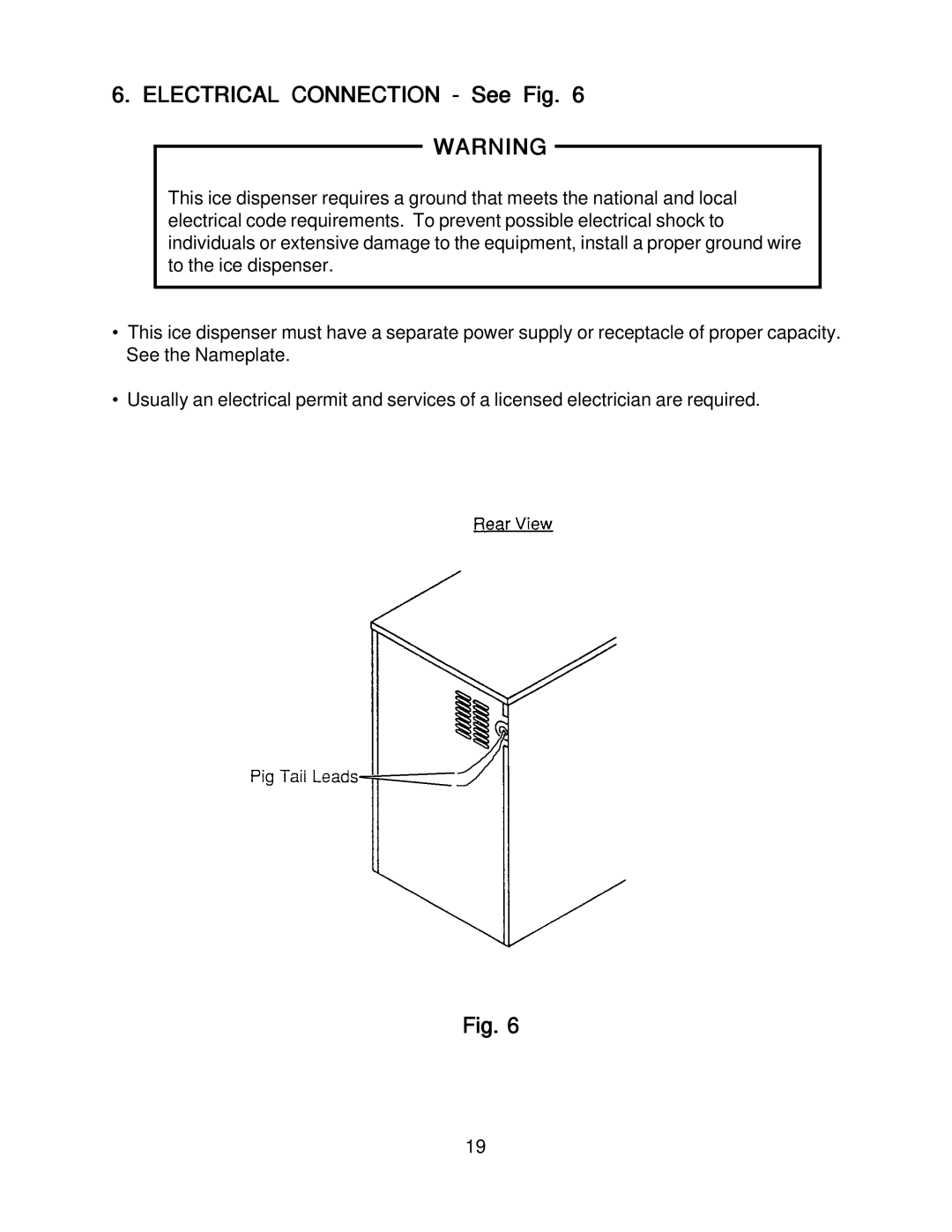 Hoshizaki DCM_500BAF, DCM-500BWF, DMB-750BAF, DMC-750BWF instruction manual Electrical Connection See Fig 