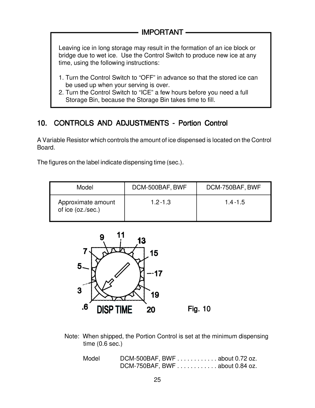 Hoshizaki DMB-750BAF, DCM-500BWF, DMC-750BWF, DCM_500BAF instruction manual Controls and Adjustments Portion Control 