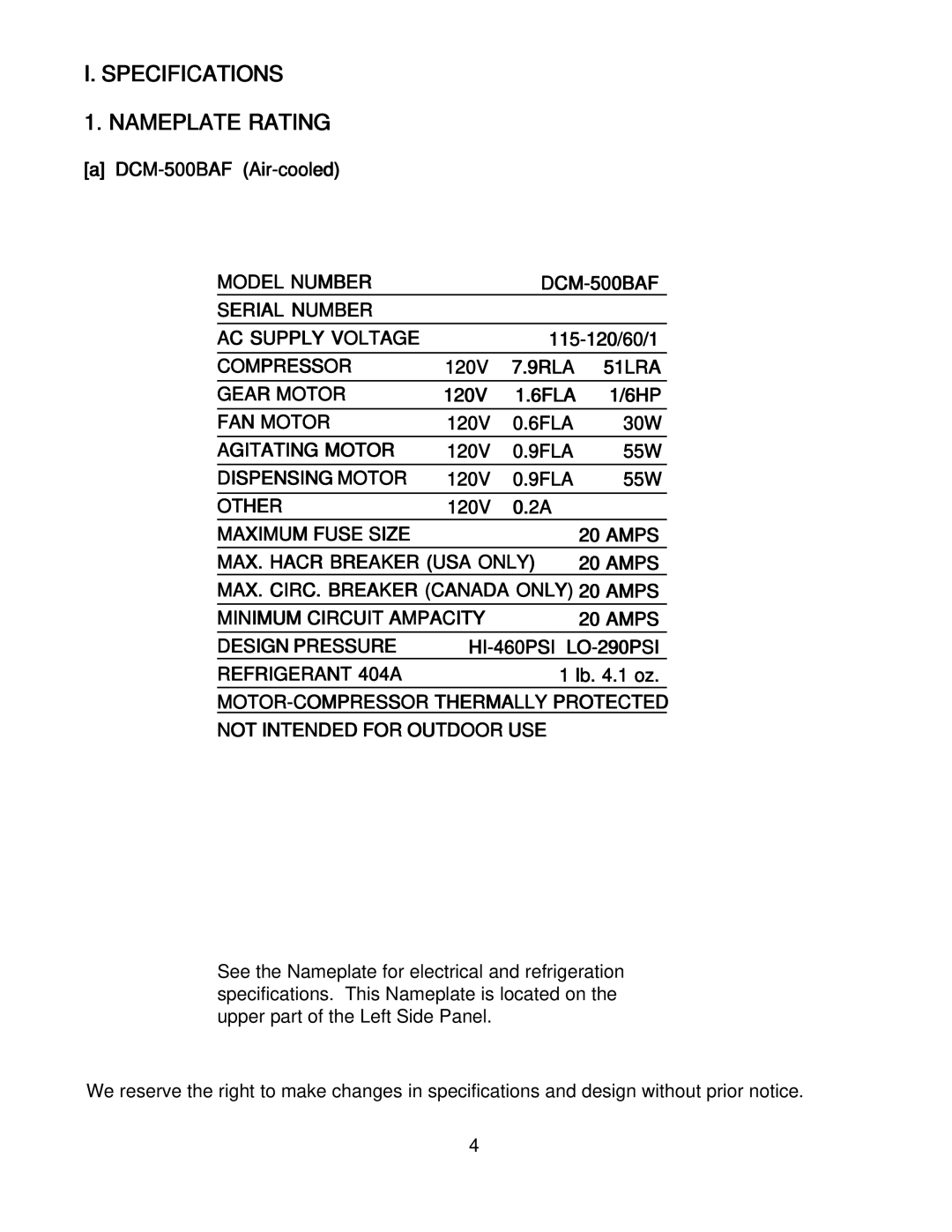 Hoshizaki DCM-500BWF, DMB-750BAF, DMC-750BWF, DCM_500BAF instruction manual Specifications Nameplate Rating 