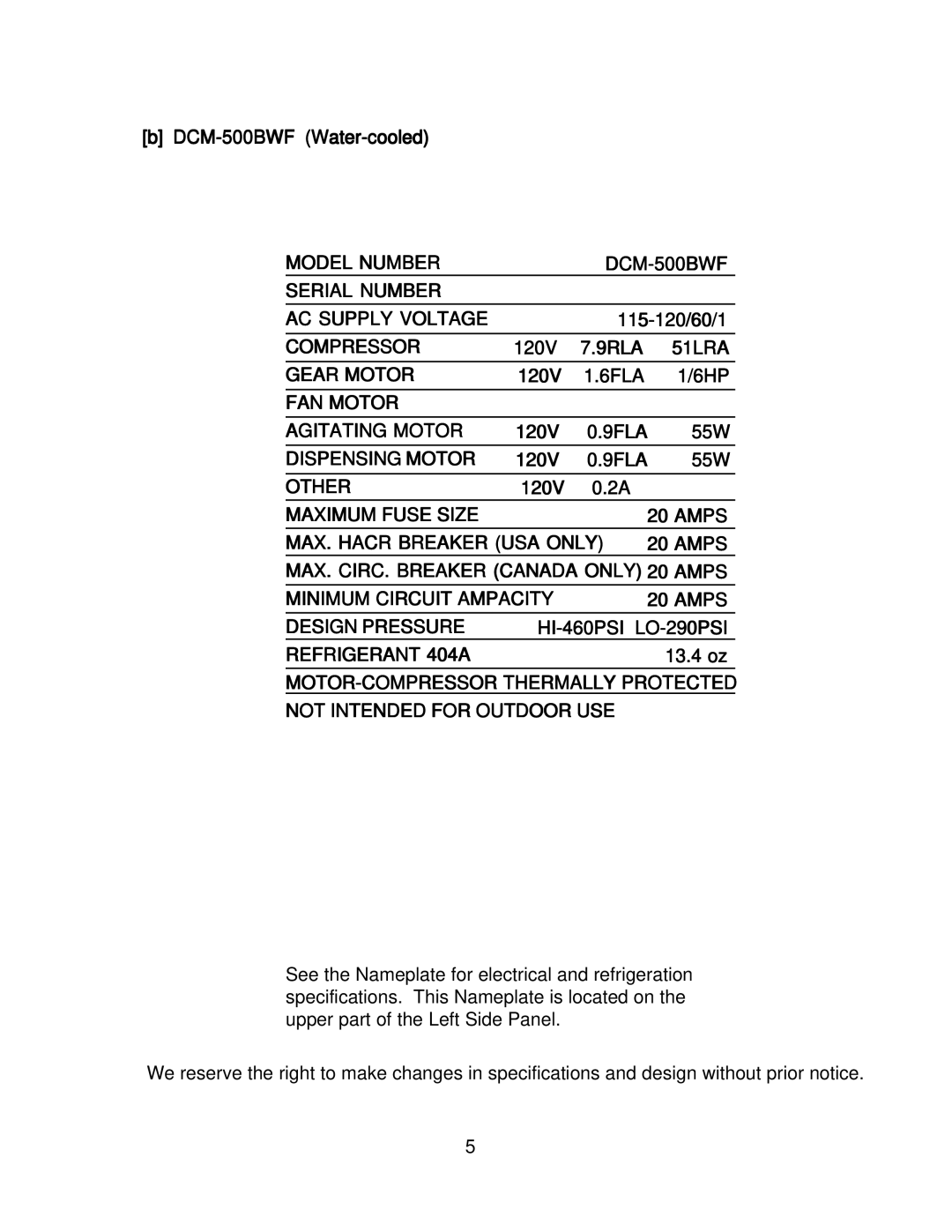 Hoshizaki DMB-750BAF, DMC-750BWF, DCM_500BAF instruction manual Model Number DCM-500BWF Serial Number AC Supply Voltage 