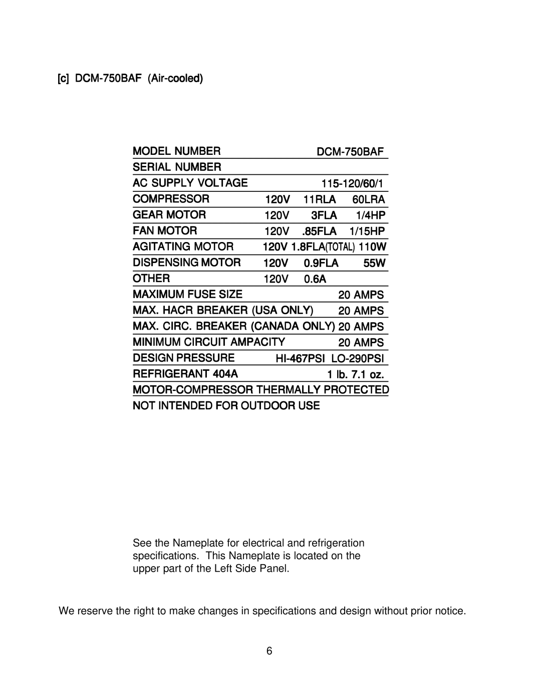 Hoshizaki DMC-750BWF, DCM-500BWF, DMB-750BAF, DCM_500BAF Model Number DCM-750BAF Serial Number AC Supply Voltage 