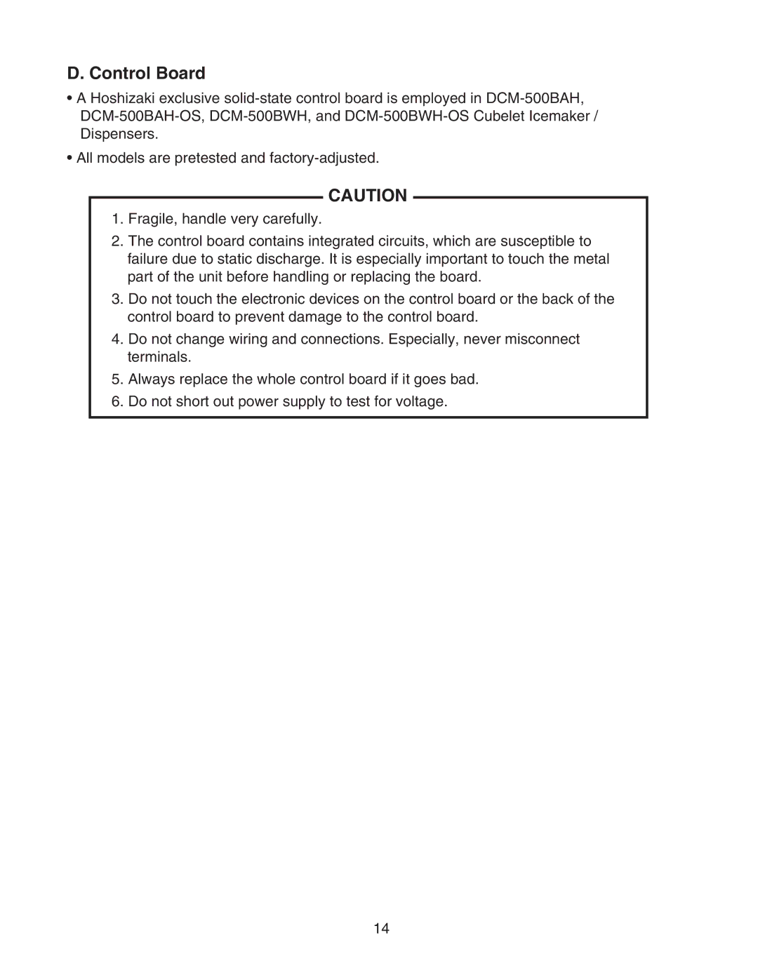 Hoshizaki DCM-500BWH-OS service manual Control Board 