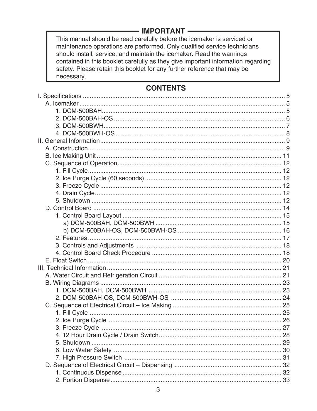 Hoshizaki DCM-500BWH-OS service manual Contents 