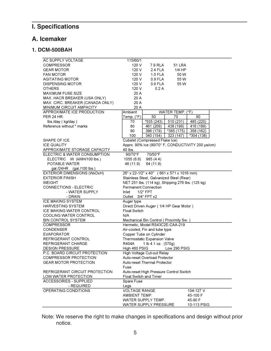 Hoshizaki DCM-500BWH-OS service manual Specifications Icemaker, DCM-500BAH 