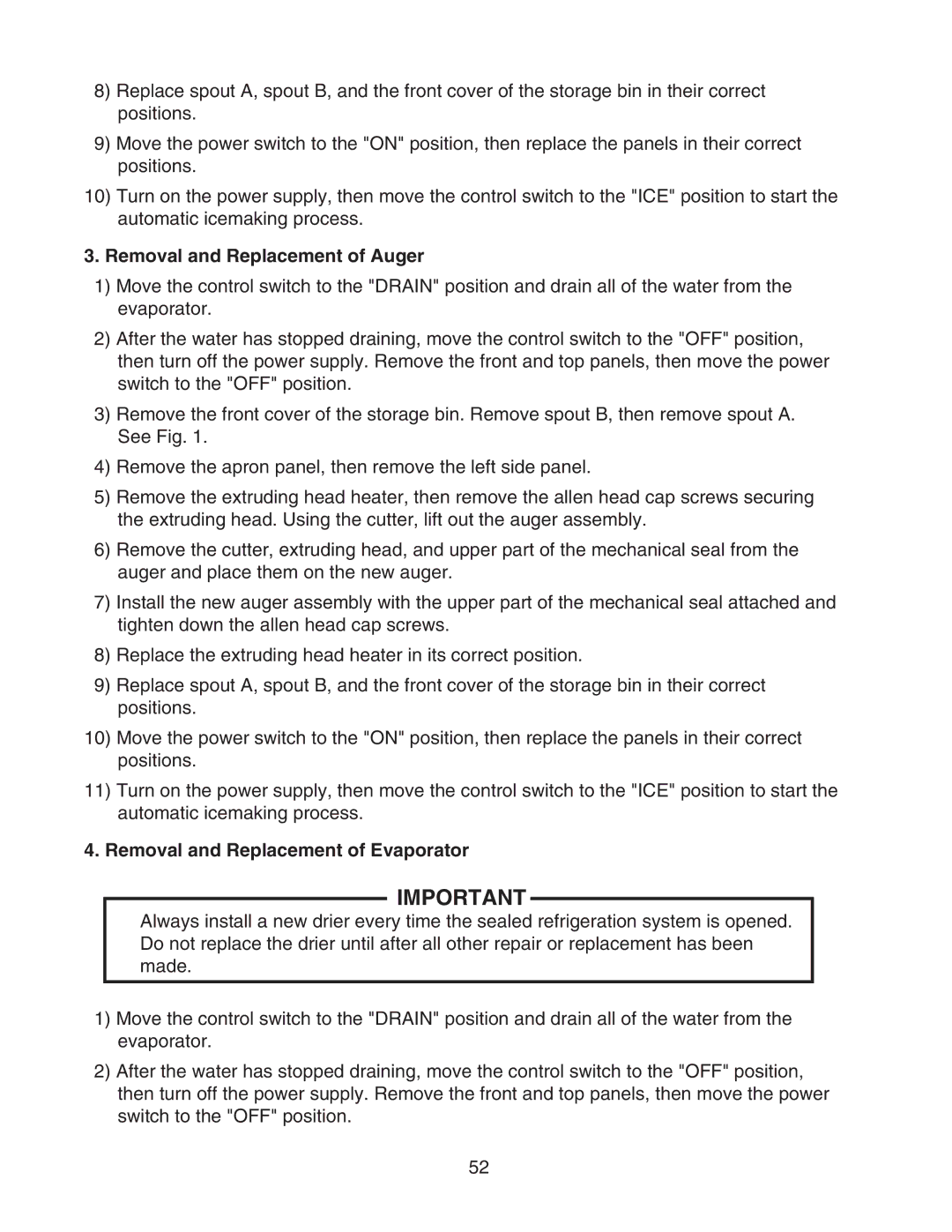 Hoshizaki DCM-500BWH-OS service manual Removal and Replacement of Auger, Removal and Replacement of Evaporator 