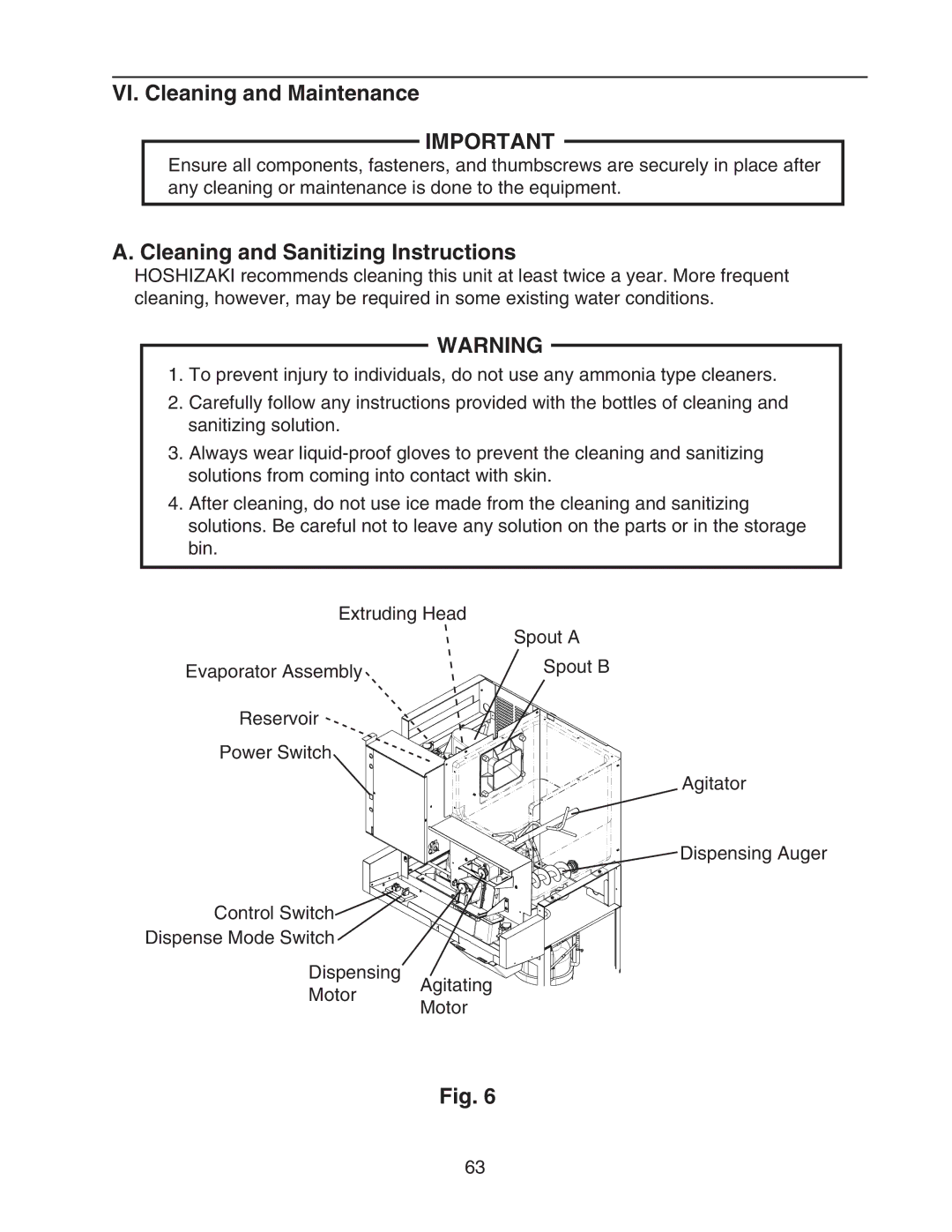 Hoshizaki DCM-500BWH-OS service manual VI. Cleaning and Maintenance, Cleaning and Sanitizing Instructions 