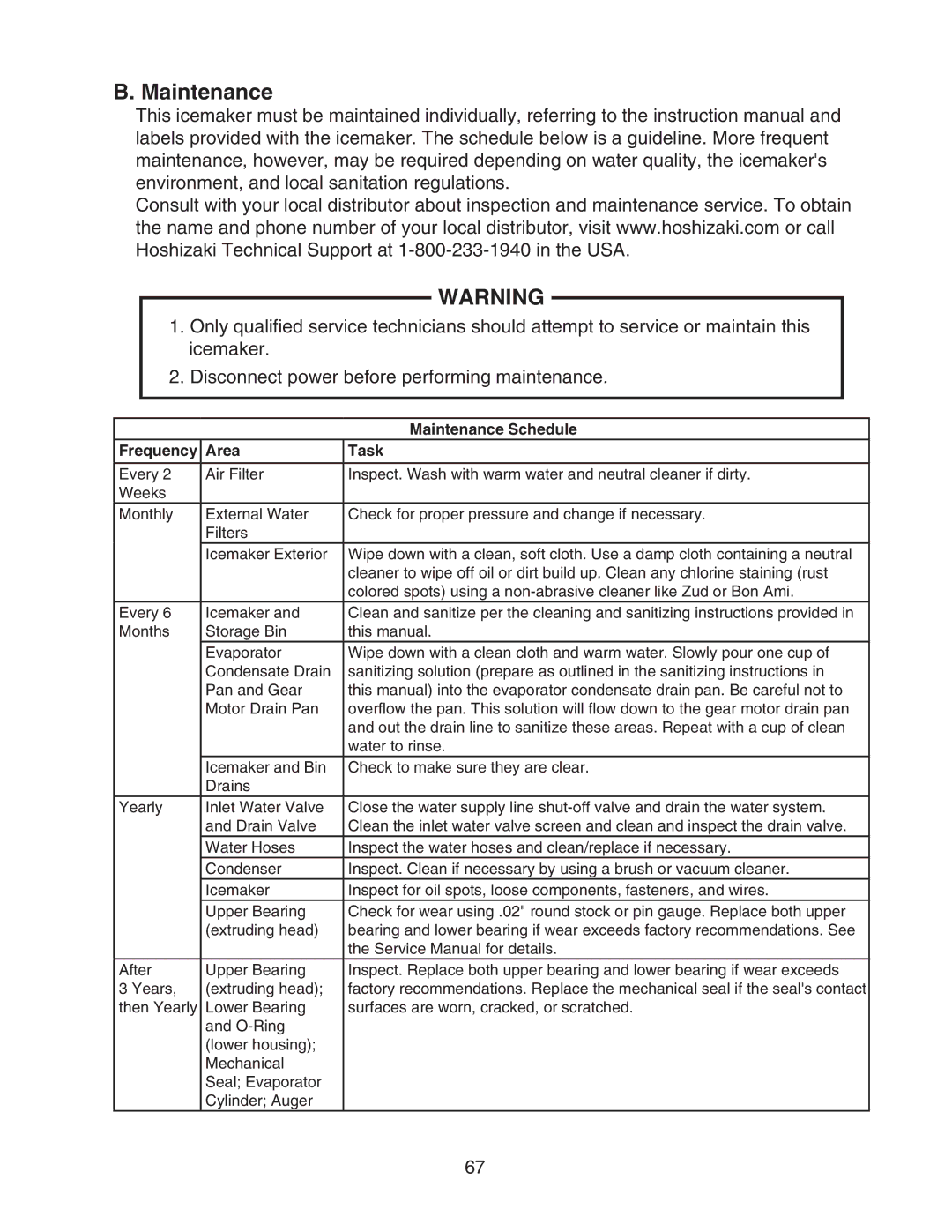 Hoshizaki DCM-500BWH-OS service manual Maintenance, Frequency Area Task 