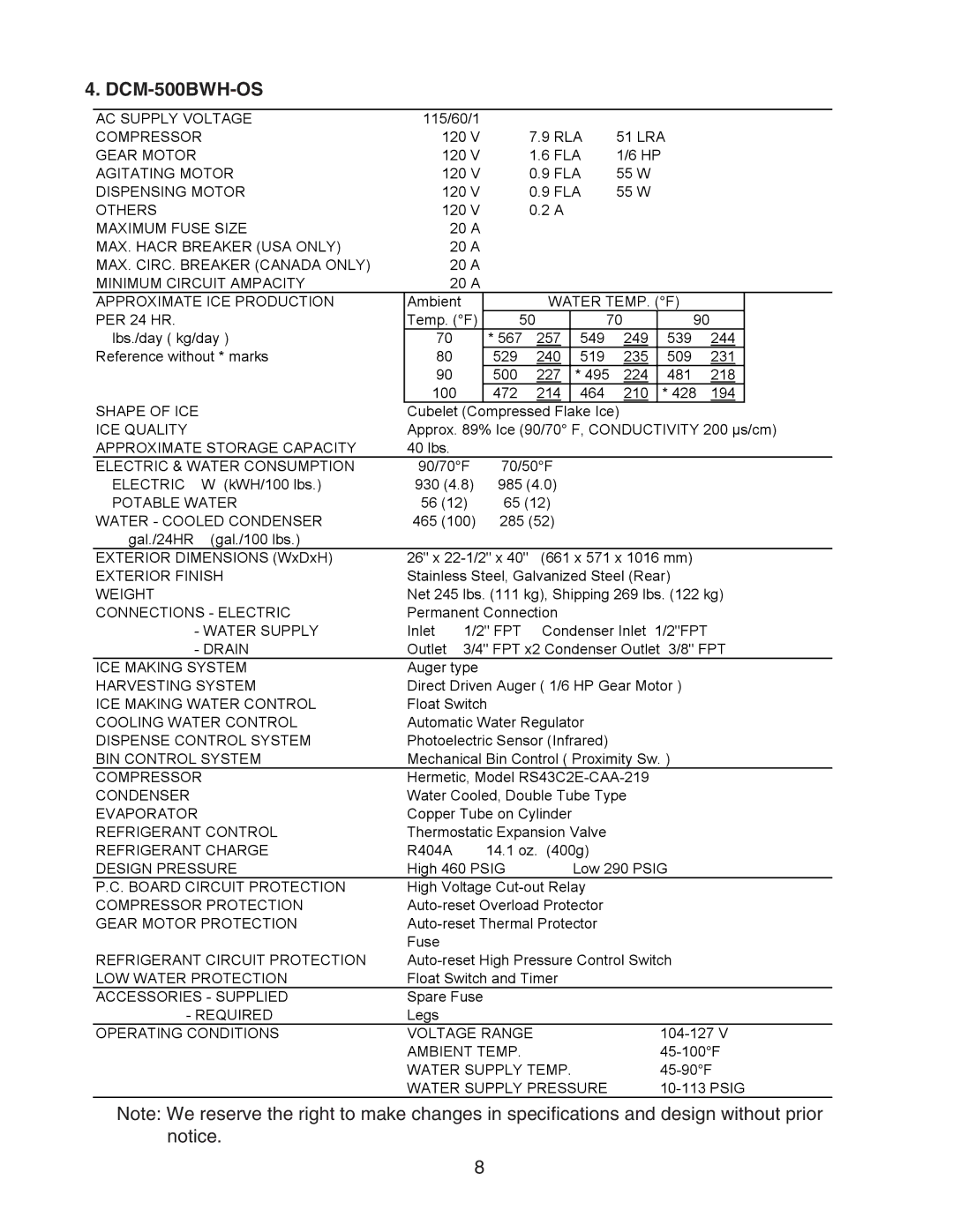 Hoshizaki DCM-500BWH-OS service manual Potable Water Water Cooled Condenser 