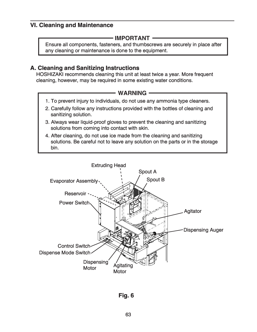 Hoshizaki DCM-500BWH-OS service manual VI. Cleaning and Maintenance, A. Cleaning and Sanitizing Instructions 